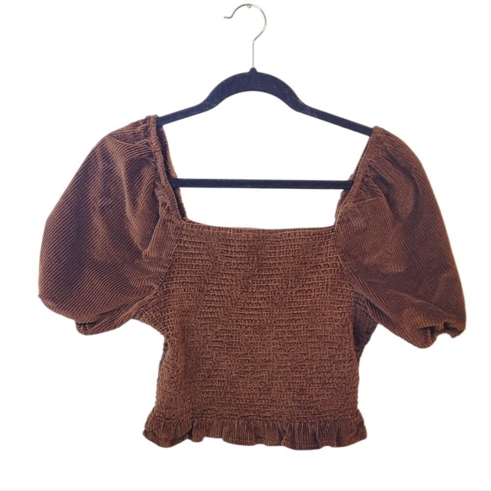 American Eagle Women's Brown Corduroy Puff Sleeve Smocked Blouse Size M